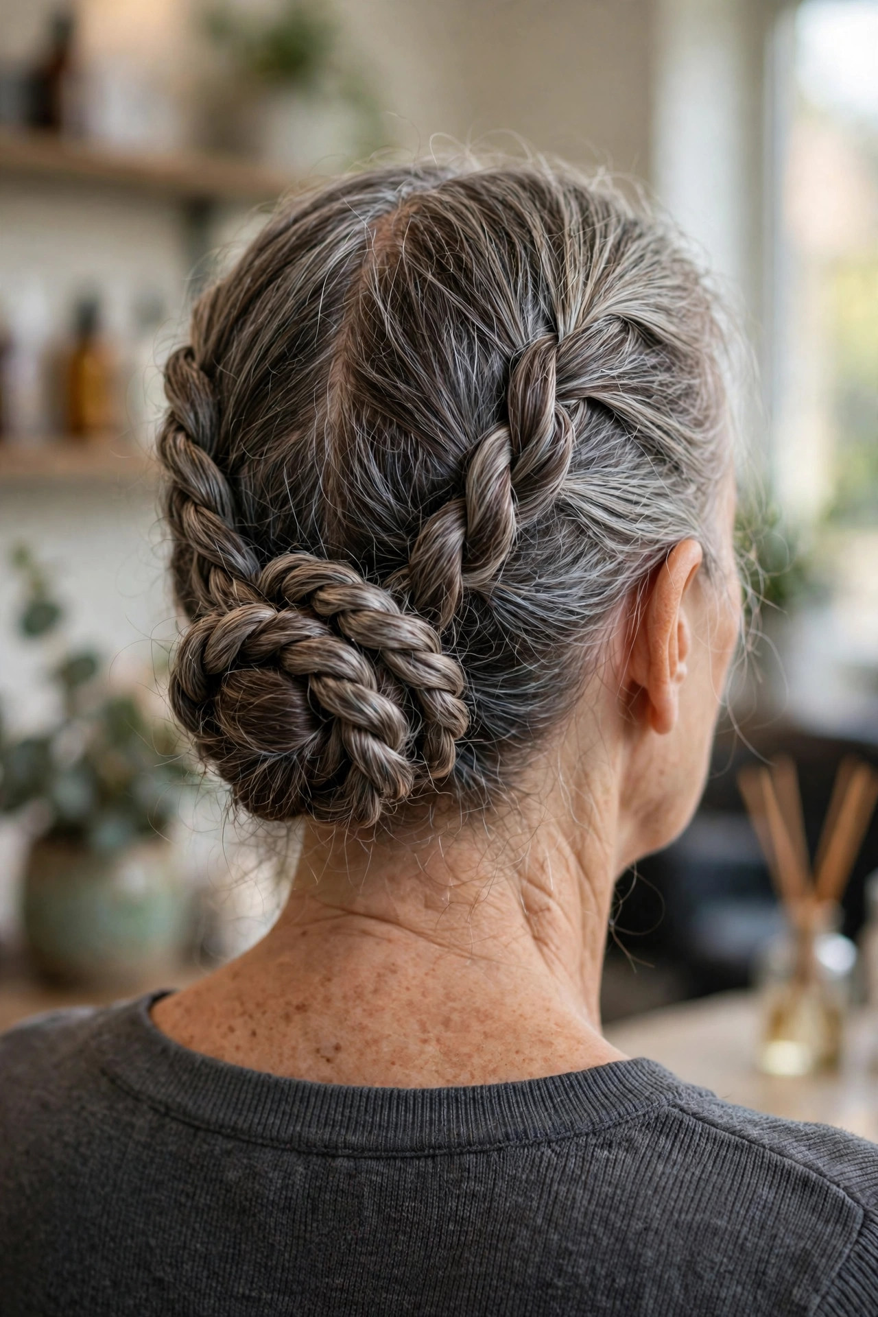 Rope braid bun updo on a woman over 50 with medium salt and pepper hair