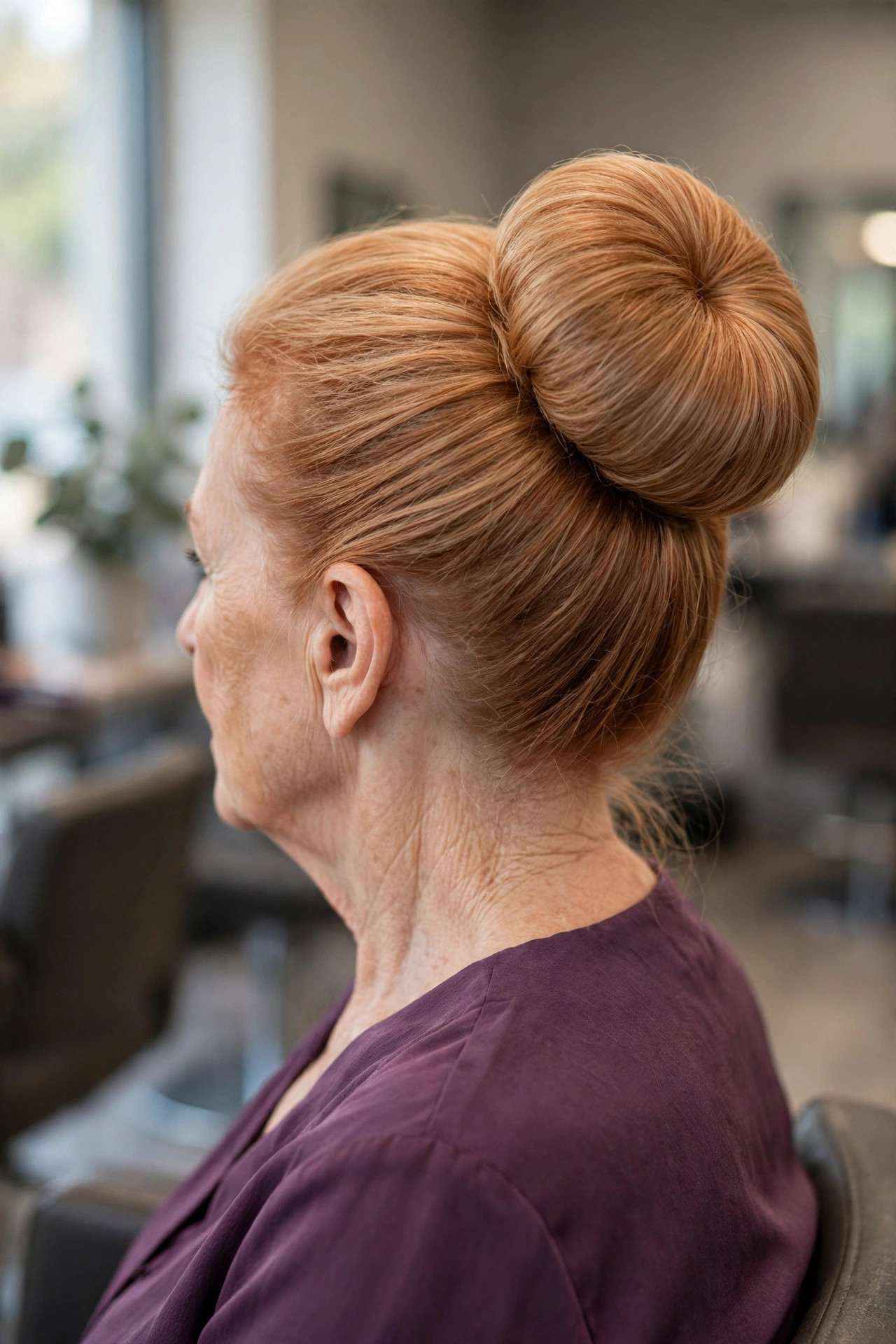 Donut bun updo on a woman over 50 with medium strawberry blonde hair