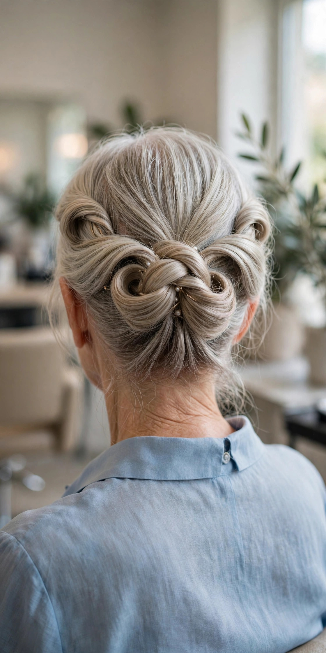 Double twist updo on a woman over 50 with medium silver blonde hair