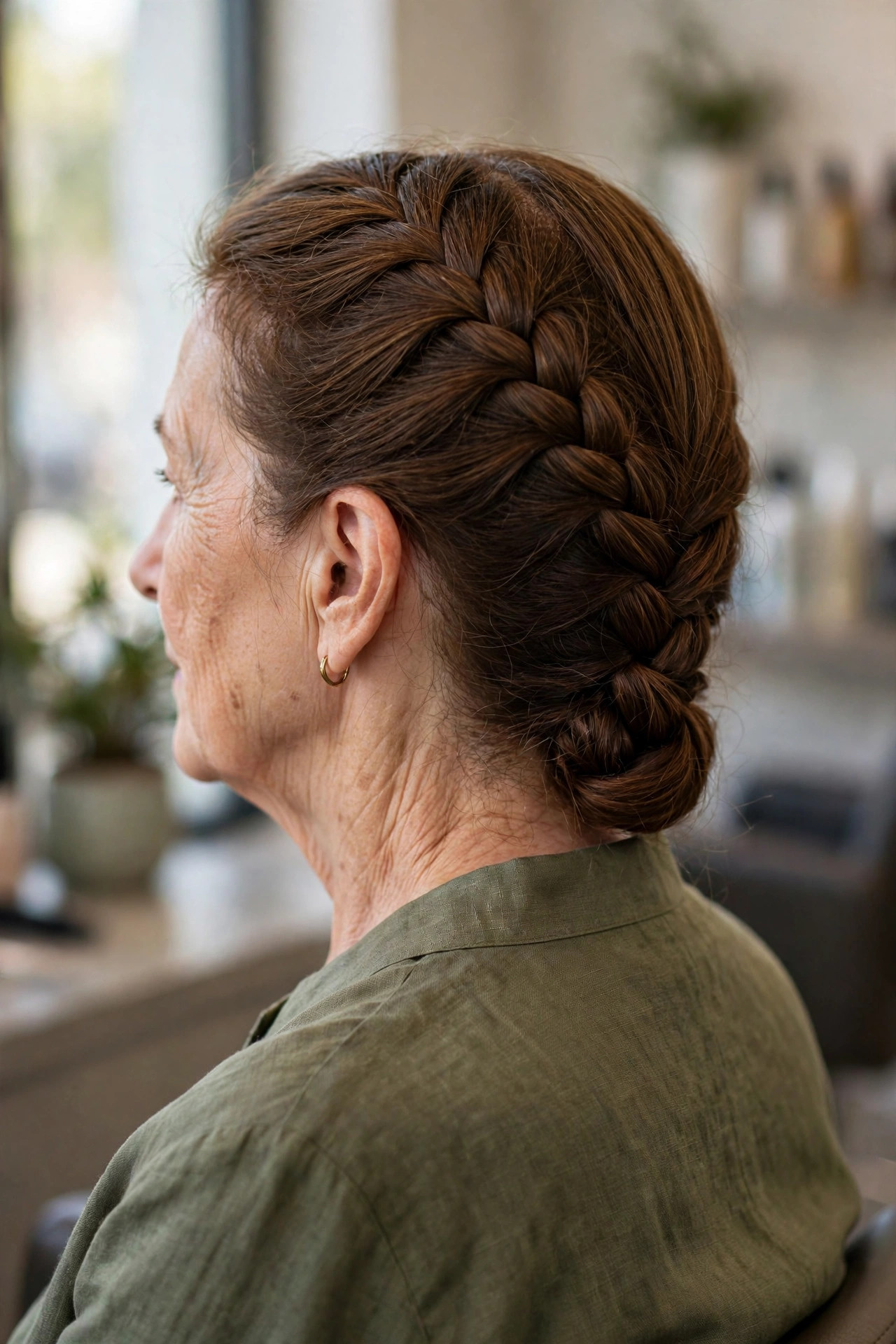 French braid updo on a woman over 50 with medium brown hair