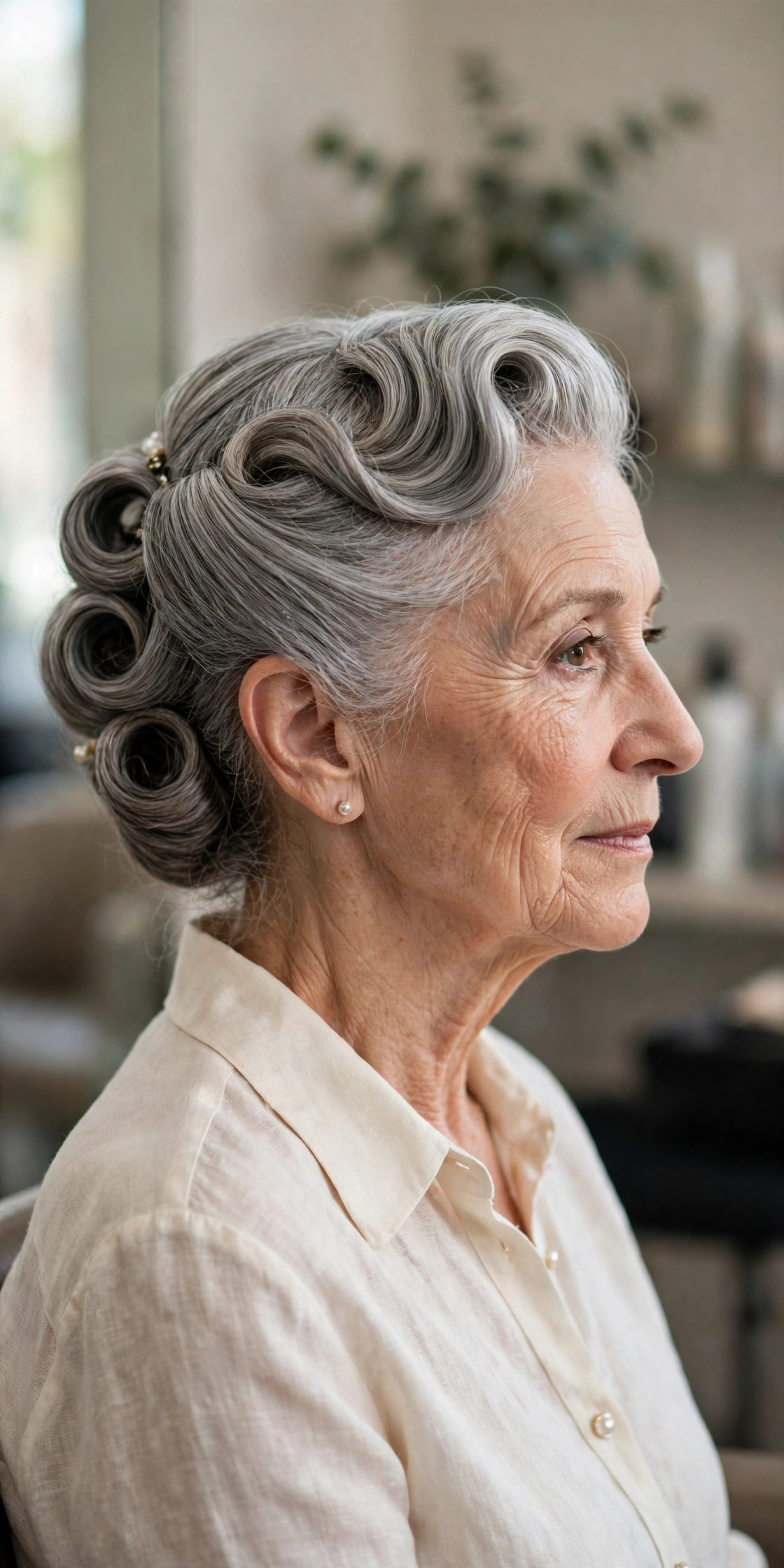 Rolled updo on a woman over 50 with medium silver hair