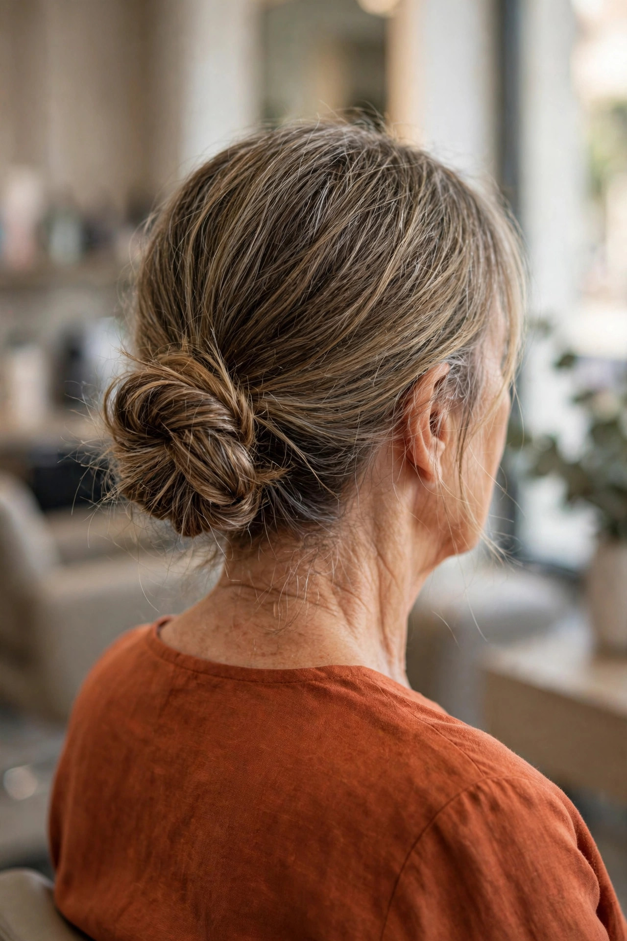 Knotted low bun updo on a woman over 50 with medium dark blonde hair