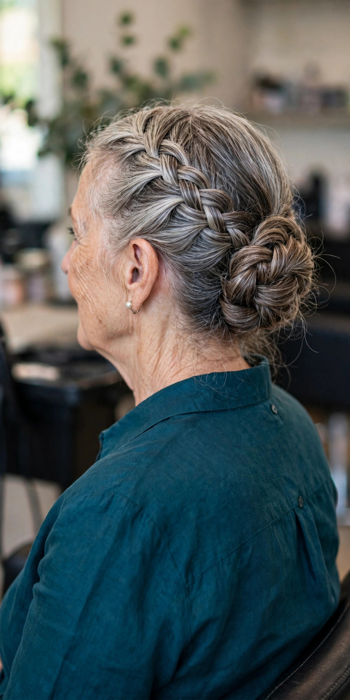 Fishtail braid bun updo on a woman over 50 with medium salt and pepper hair