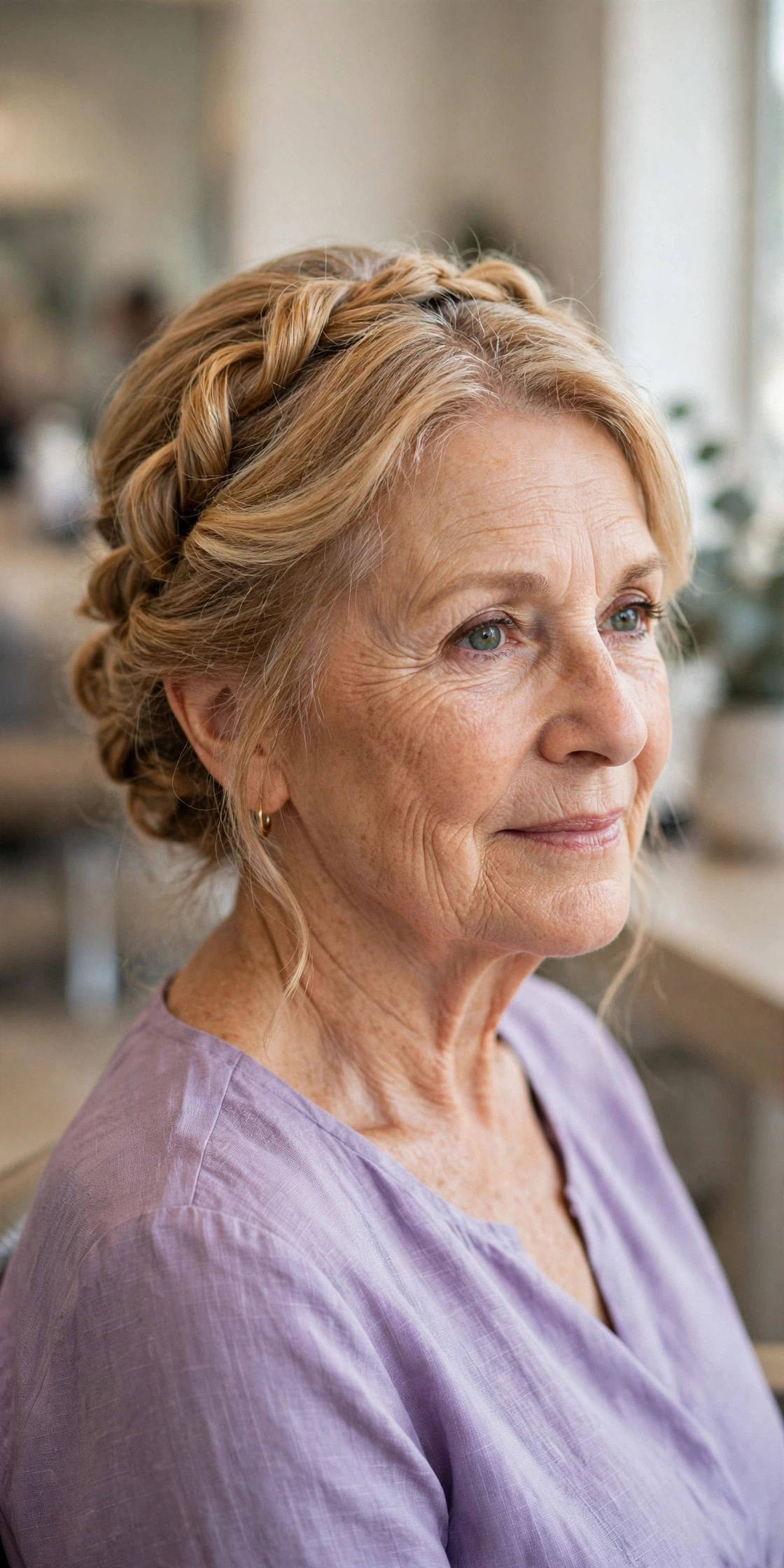 Twisted halo updo on a woman over 50 with medium warm blonde hair