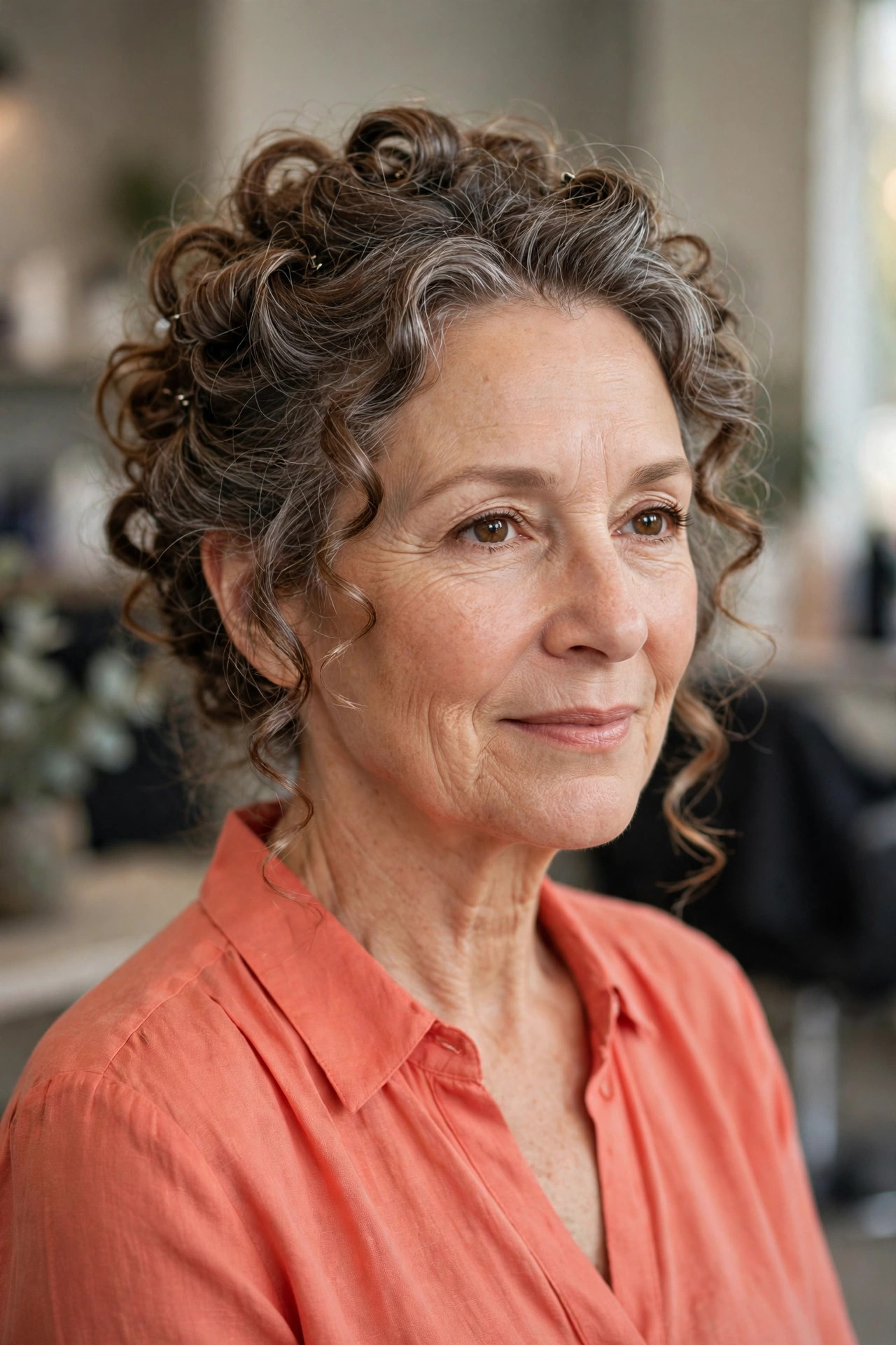 Curly pinned up updo on a woman over 50 with medium silver streaked hair
