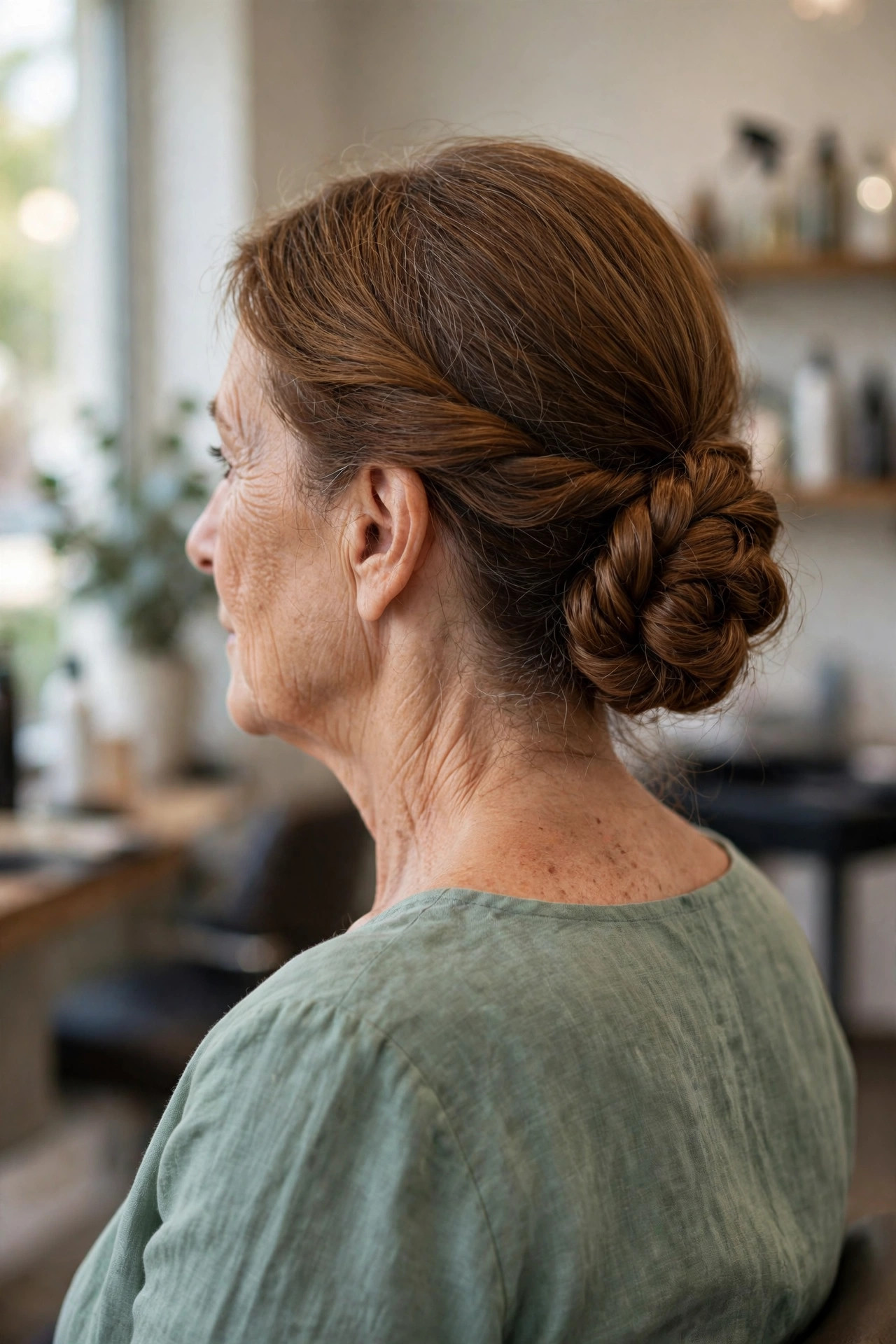 Twisted low bun updo on a woman over 50 with medium chestnut hair