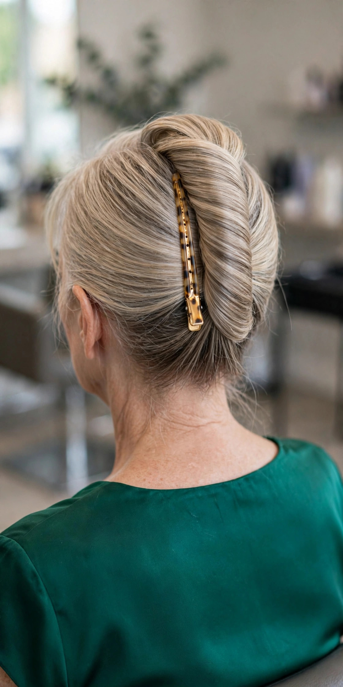 Banana clip fold updo on a woman over 50 with medium ash blonde hair