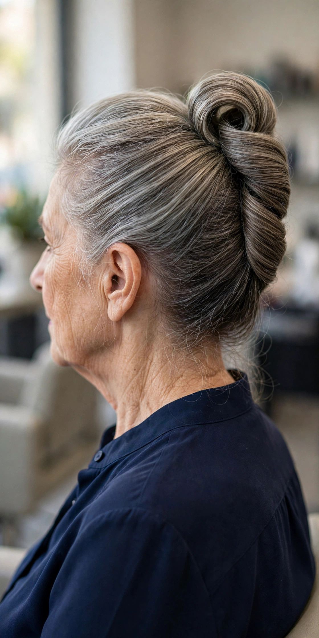 Simplified French twist updo on a woman over 50 with medium salt and pepper hair