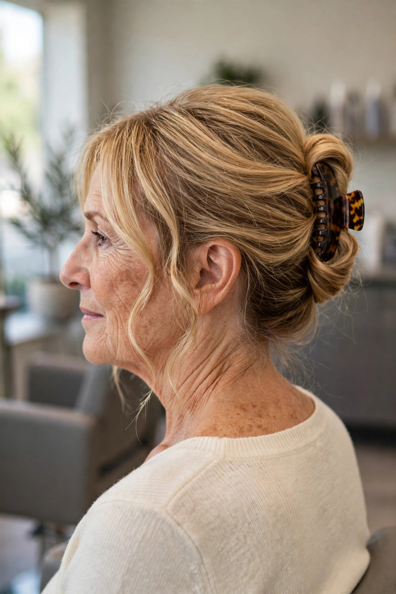 Claw clip twist updo on a woman over 50 with medium blonde hair