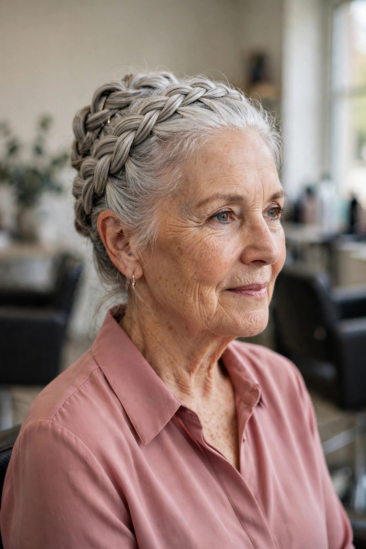 Braided crown updo on a woman over 50 with medium silver hair