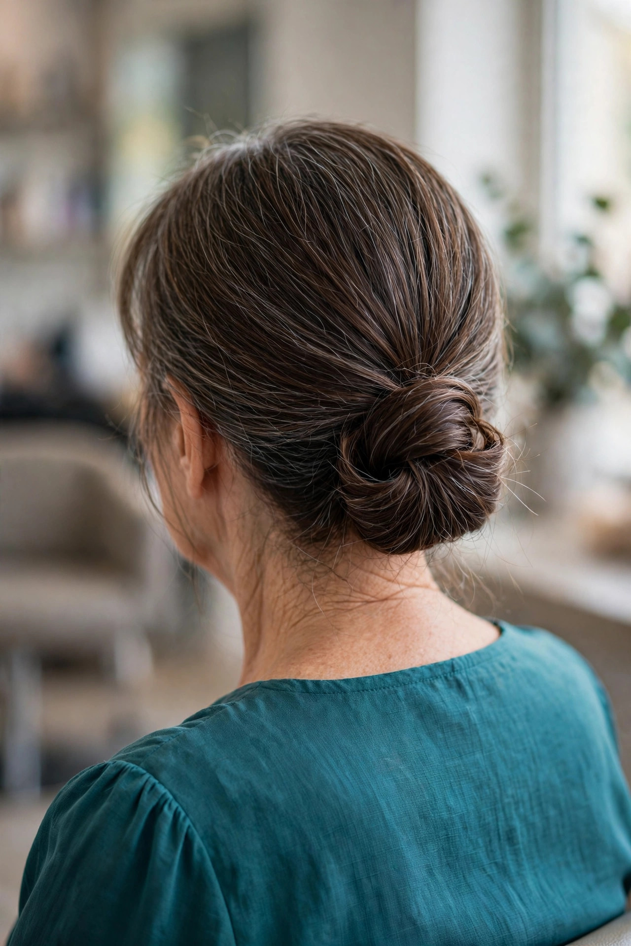 Tucked low ponytail updo on a woman over 50 with medium dark brown hair