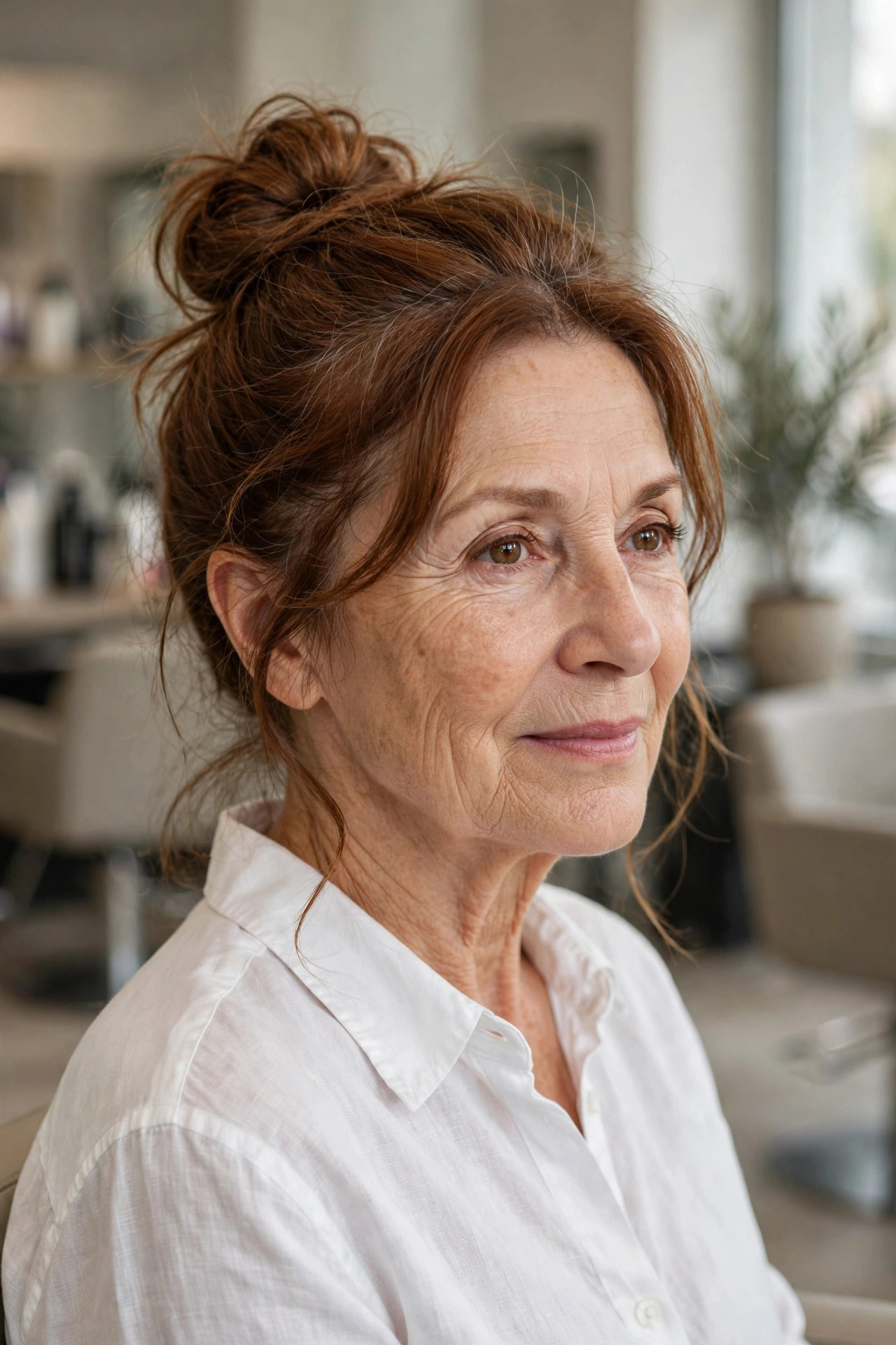 Messy top knot updo on a woman over 50 with medium auburn hair