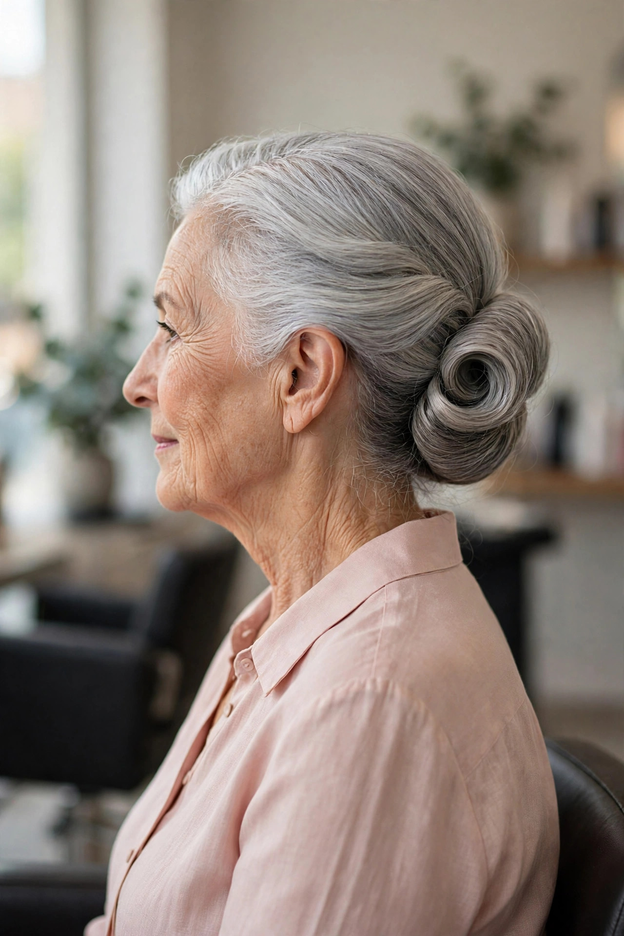 Gibson tuck updo on a woman over 50 with medium gray hair