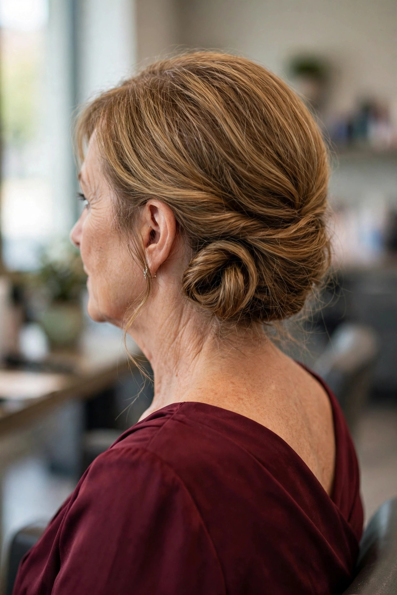 Side swept low chignon updo on a woman over 50 with medium golden brown hair