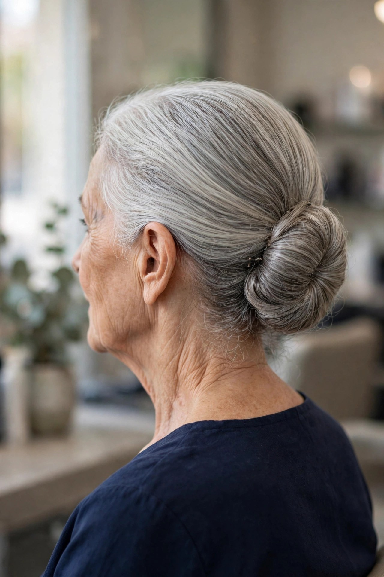 Classic Low Chignon at the Nape updo on a woman over 60