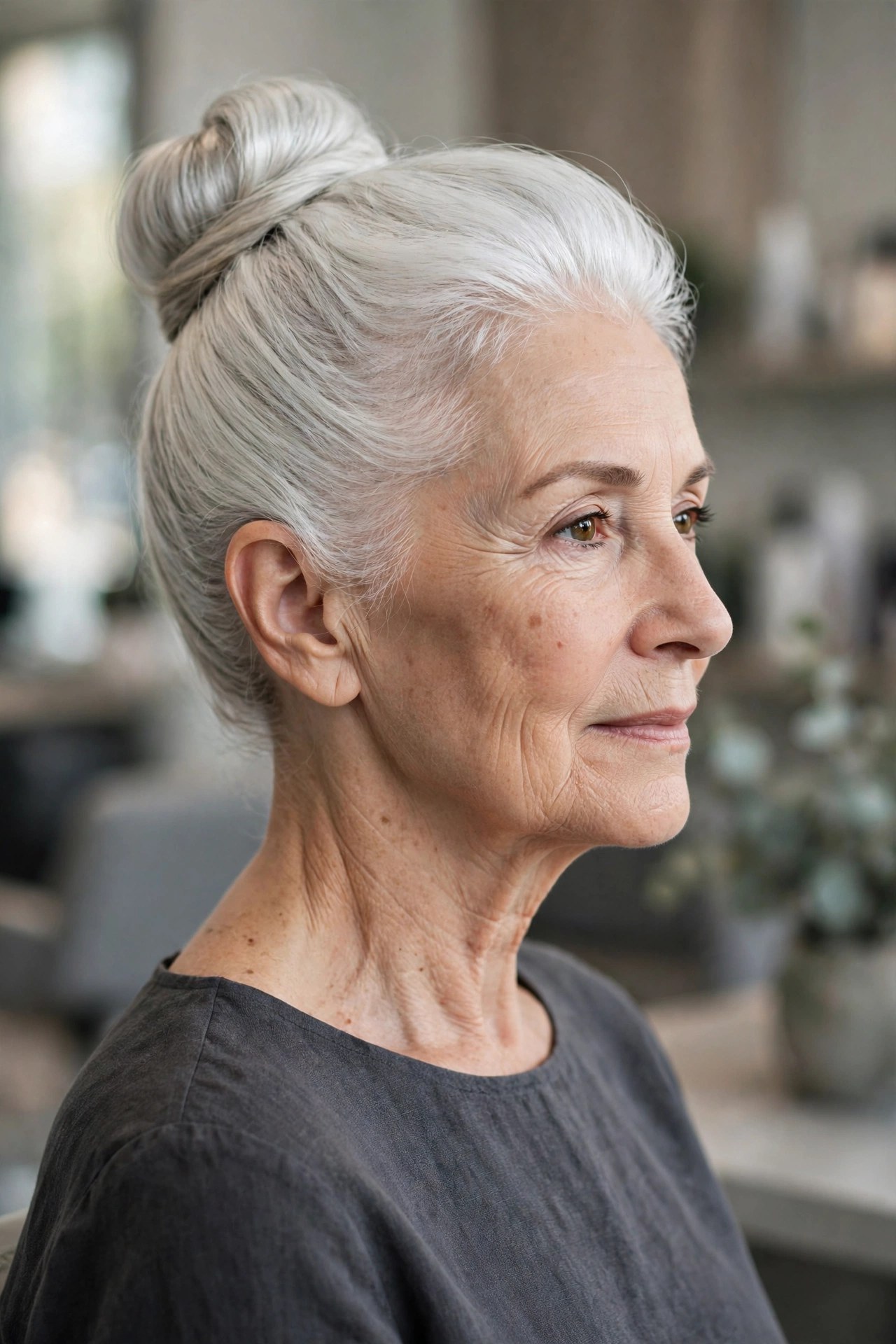 Sleek High Bun with a Lifted Crown updo on a woman over 60