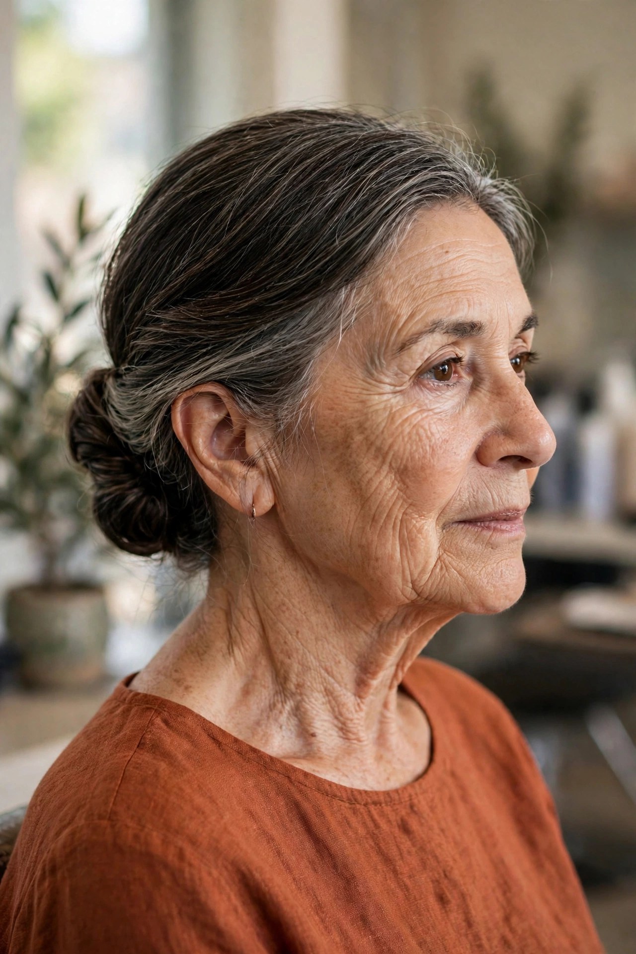 Side-Swept Low Bun updo on a woman over 60