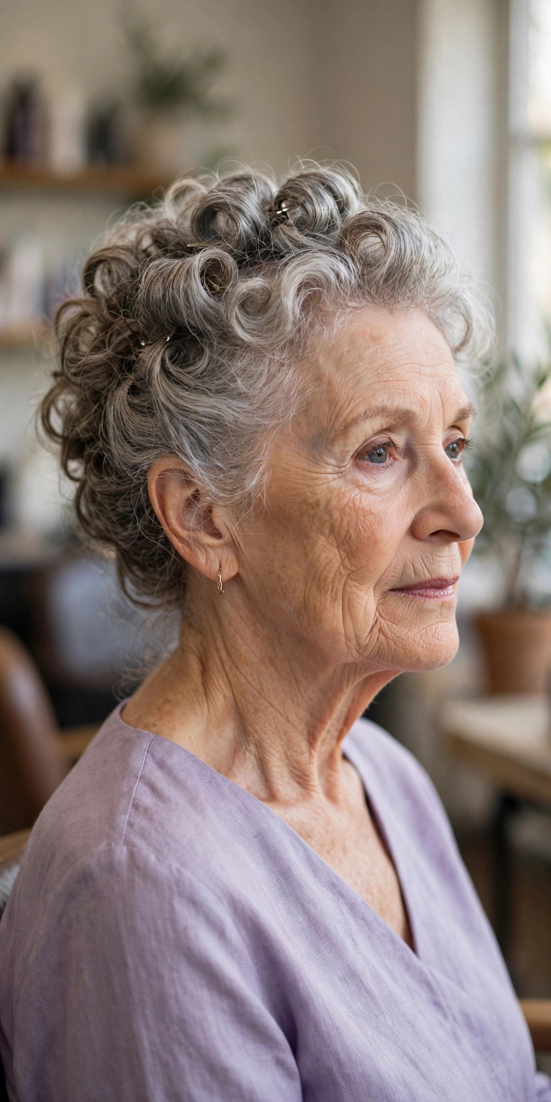 Pinned-Up Curls for Naturally Curly Hair updo on a woman over 60