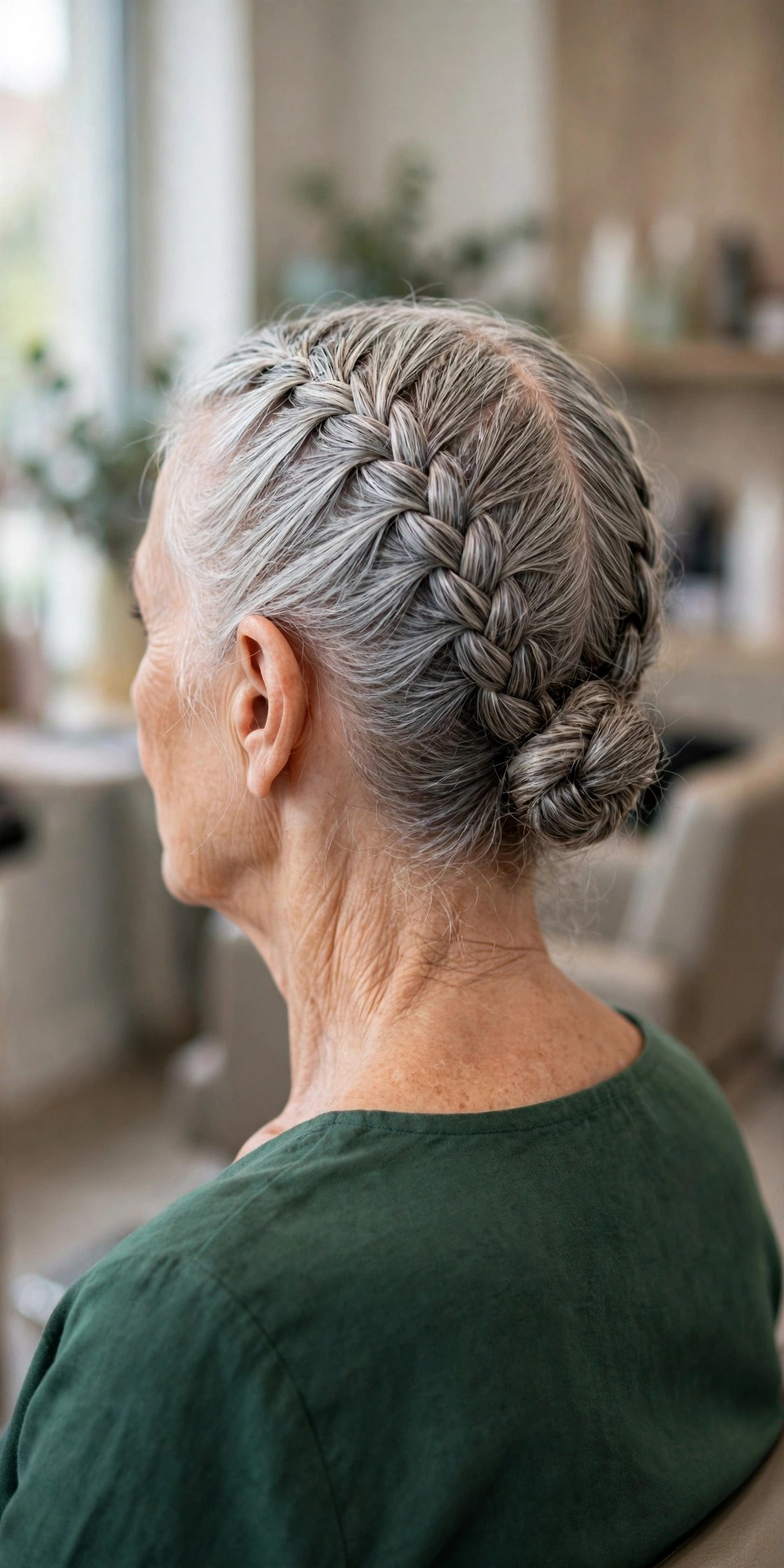 French Braid into a Low Bun updo on a woman over 60
