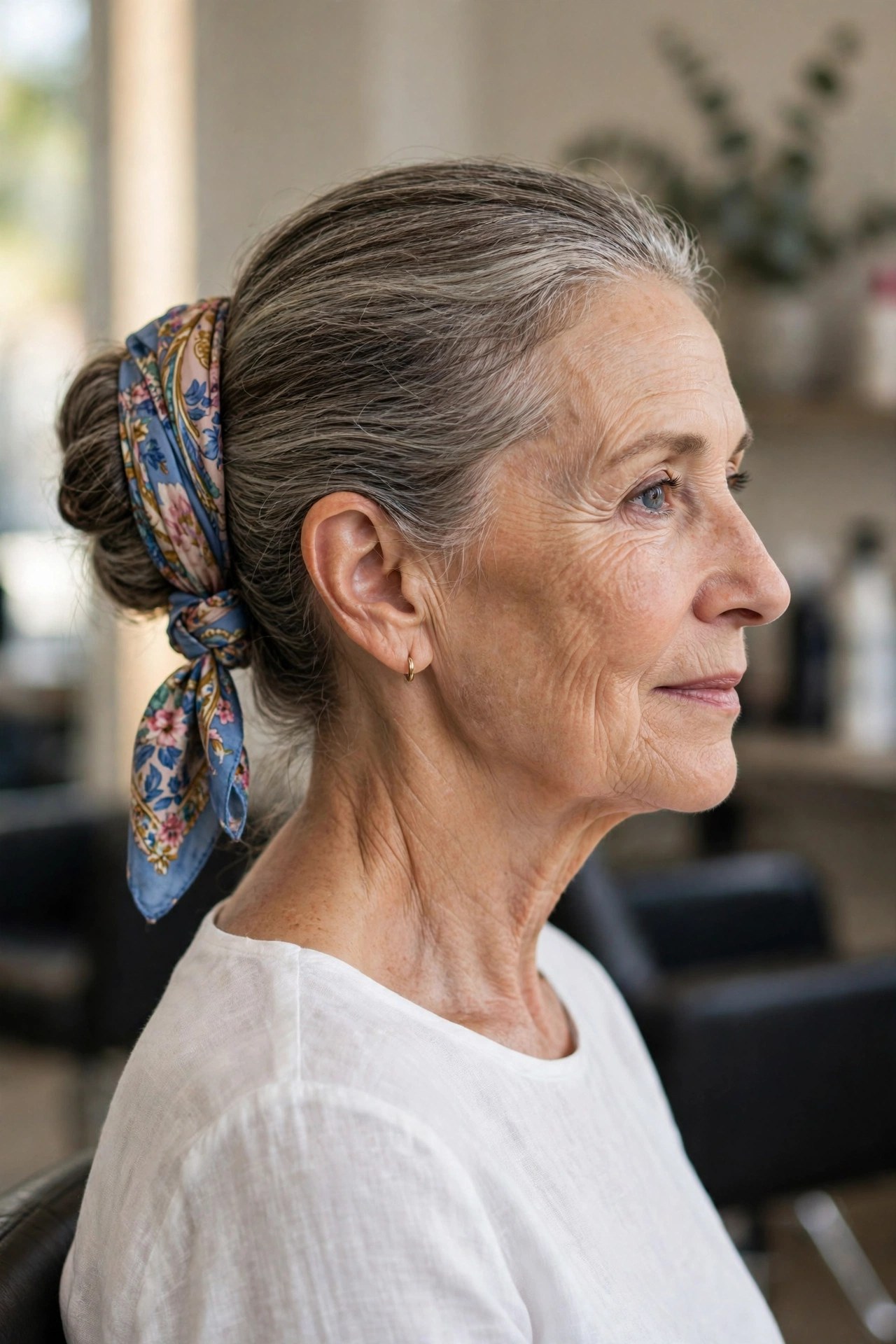 Scarf-Wrapped Bun updo on a woman over 60