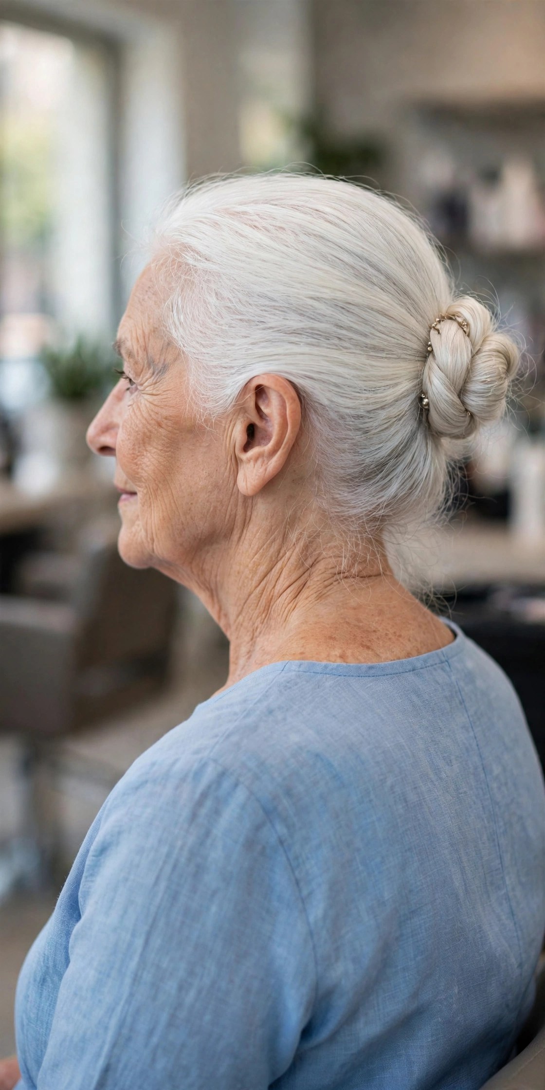 Simple Knotted Bun updo on a woman over 60