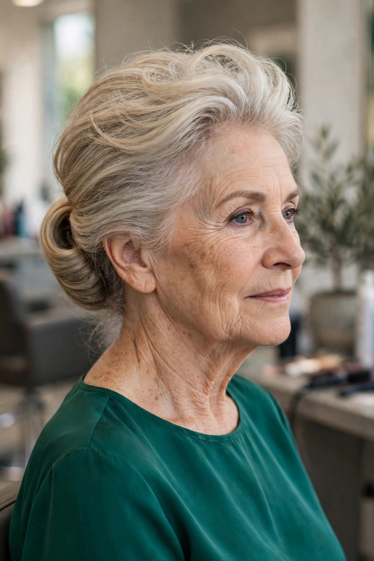 Beehive-Lite with a Soft Lifted Crown updo on a woman over 60