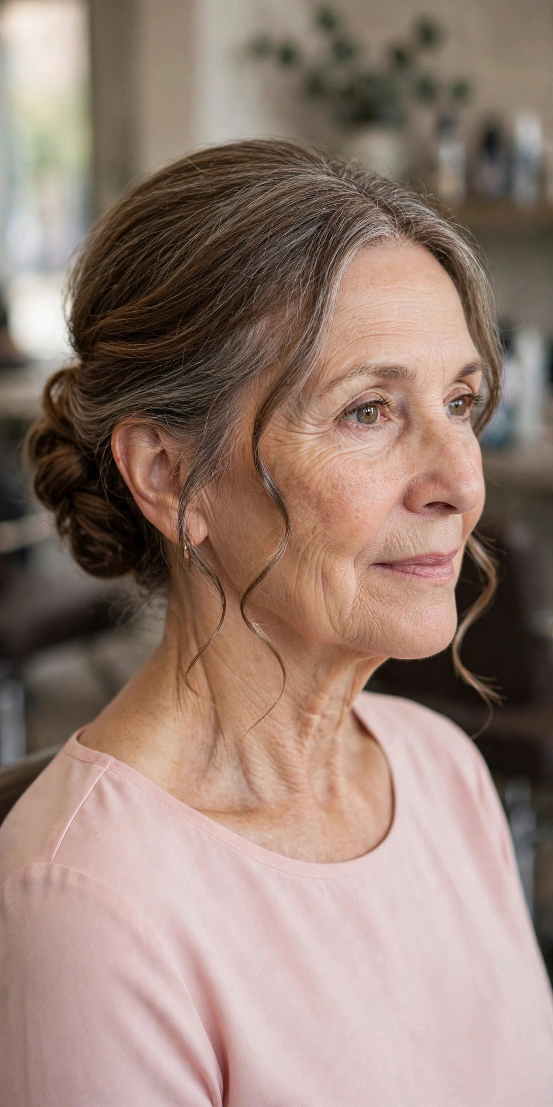 Romantic Low Bun with Two Tendrils updo on a woman over 60