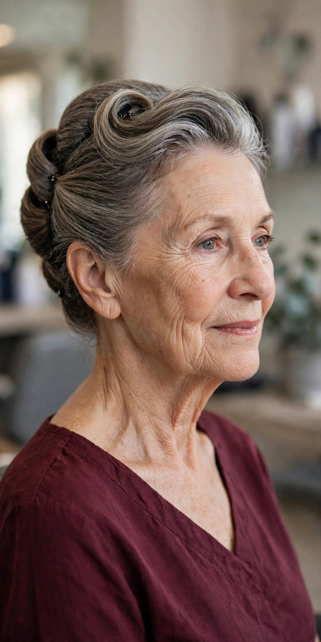 Simple French Twist updo on a woman over 60