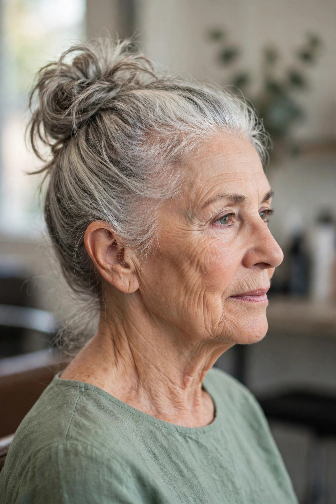 Soft Messy Topknot updo on a woman over 60