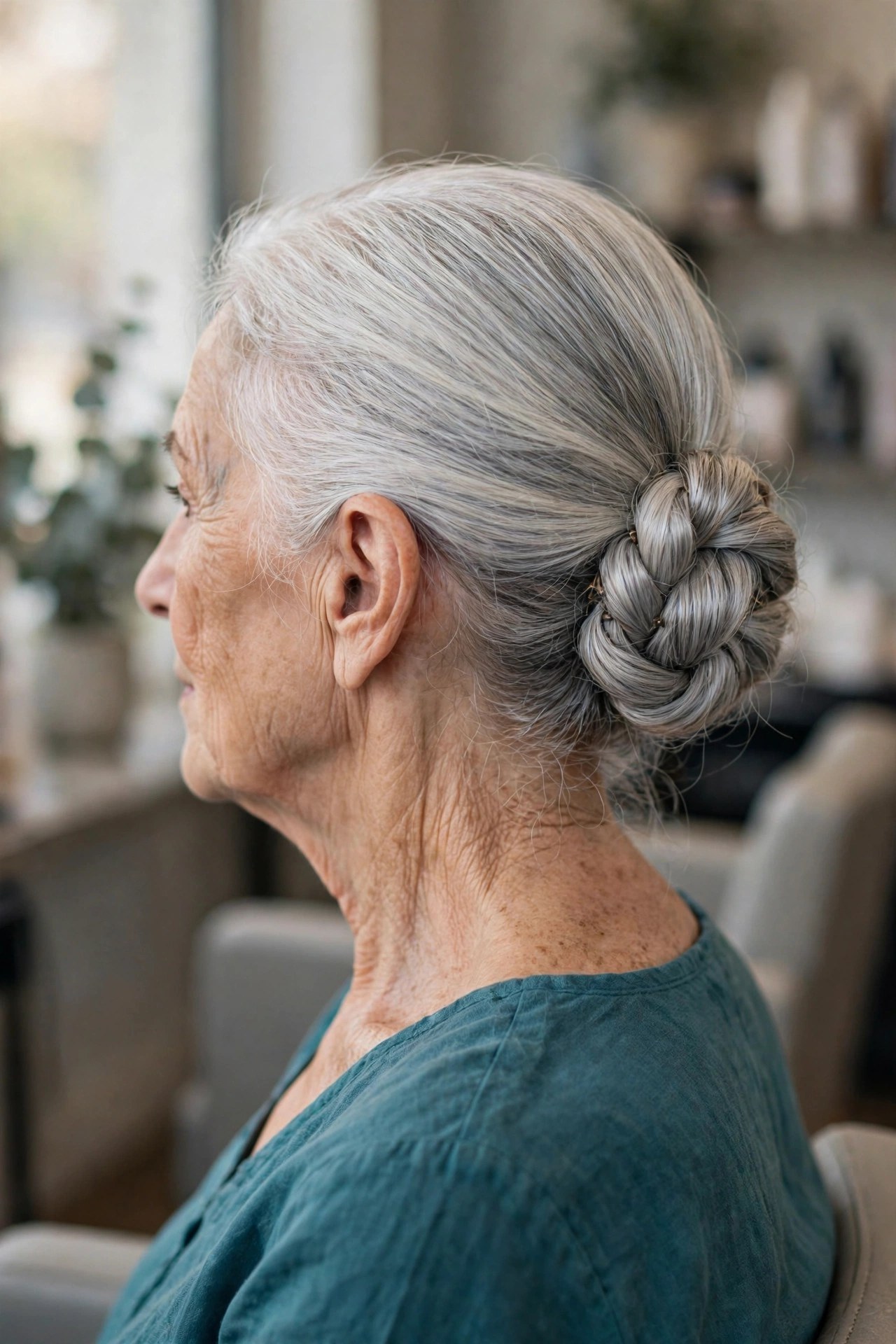 Twisted Low Bun updo on a woman over 60