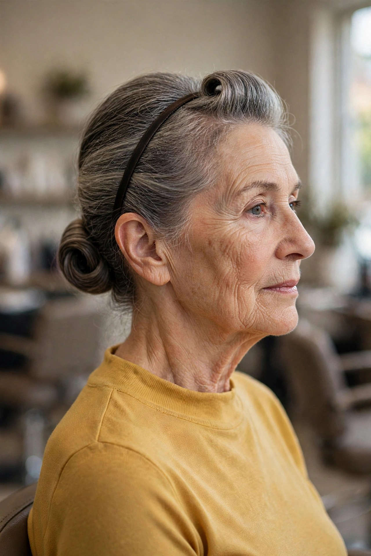 Rolled Headband Tuck updo on a woman over 60