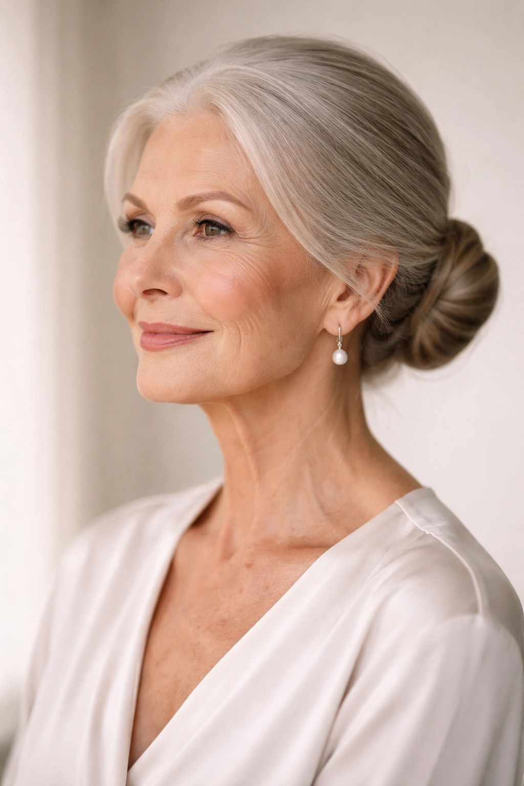 Woman over 70 with classic Low Bun at the Nape — easy updo for long hair inspiration for women over 70