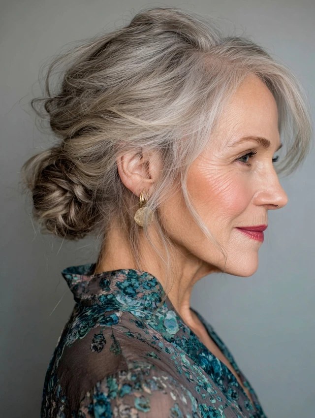 Woman over 70 with loose Bun With Face-Framing Tendrils — easy updo for long hair inspiration for women over 70