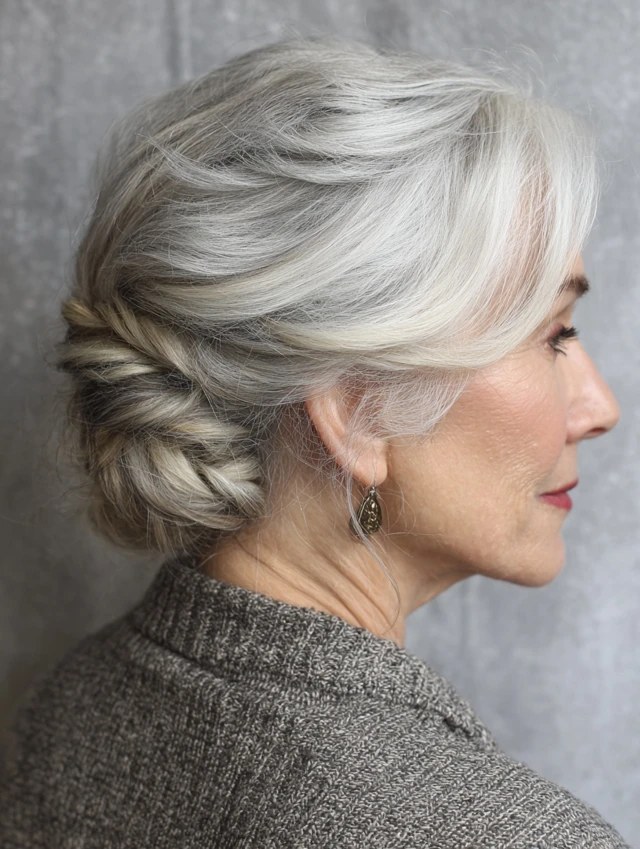 Woman over 70 with double Twist Updo With No Tight Pulling — easy updo for long hair inspiration for women over 70