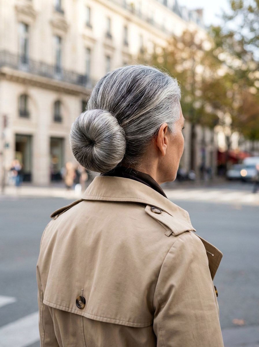 Woman over 70 with low Wrapped Bun, Seen From the Back — easy updo for long hair inspiration for women over 70