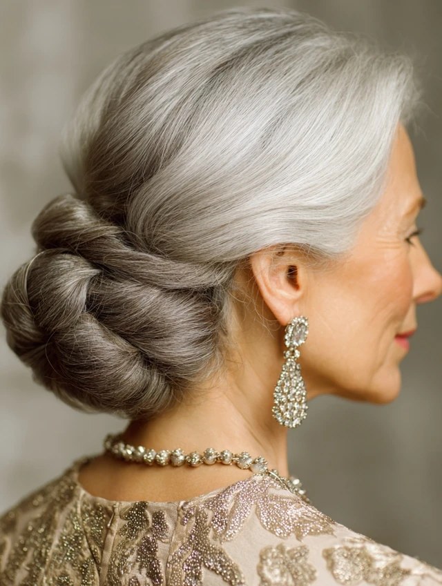 Woman over 70 with twisted Low Bun With a Braided Look — easy updo for long hair inspiration for women over 70