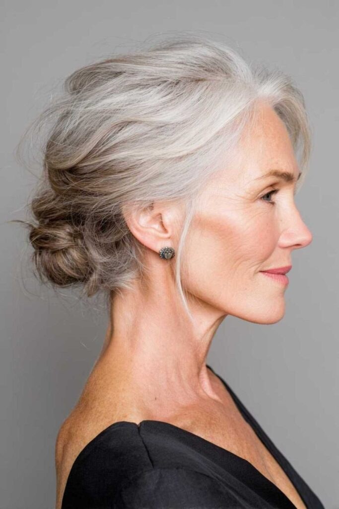 Woman over 70 with quick Twisted Bun for Busy Mornings — easy updo for long hair inspiration for women over 70