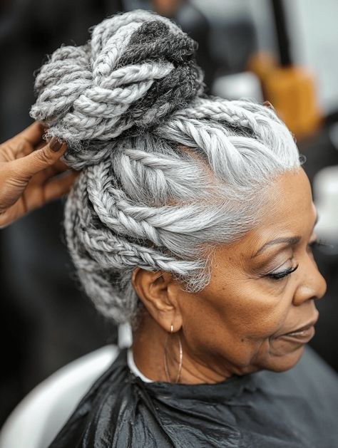 Woman over 70 with soft Braids Pinned Up — easy updo for long hair inspiration for women over 70
