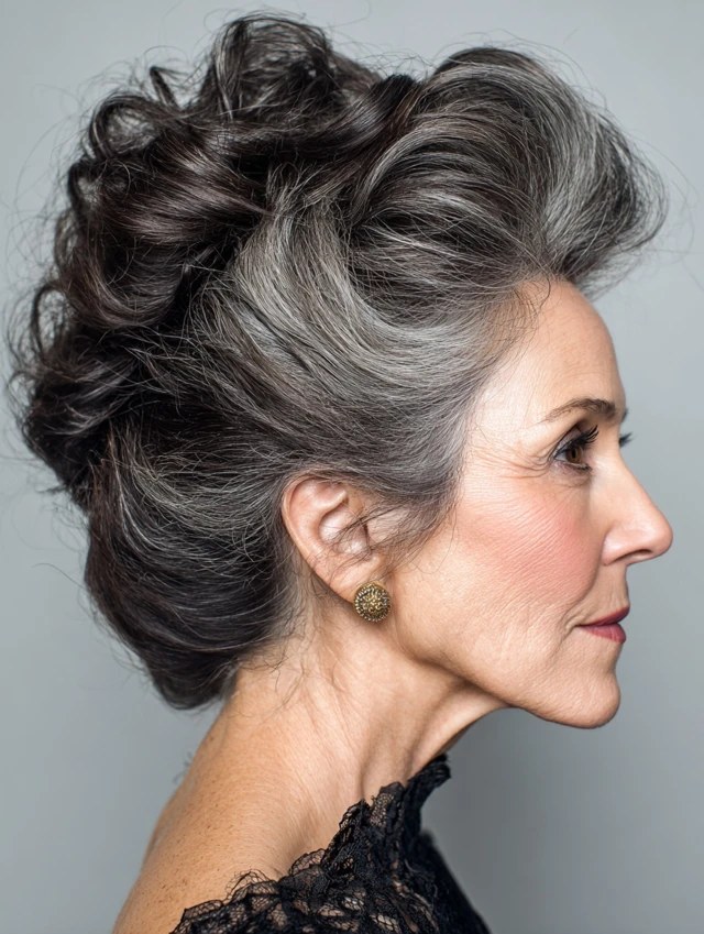 Woman over 70 with low Bun With Volume at the Crown — easy updo for long hair inspiration for women over 70