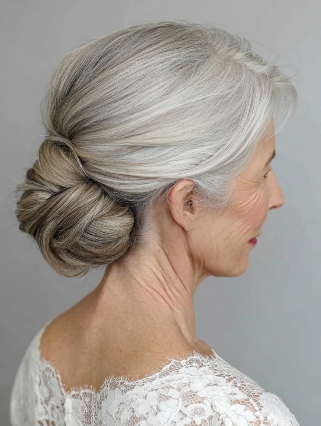 Woman over 70 with simple Twisted Chignon — easy updo for long hair inspiration for women over 70