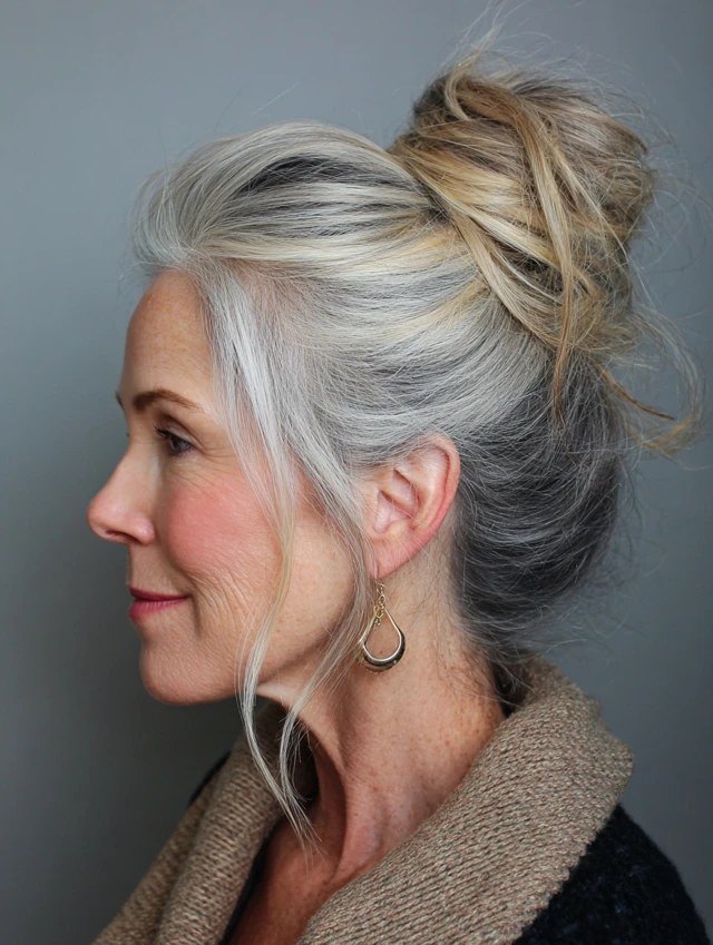 Woman over 70 with high Bun With Soft Height — easy updo for long hair inspiration for women over 70