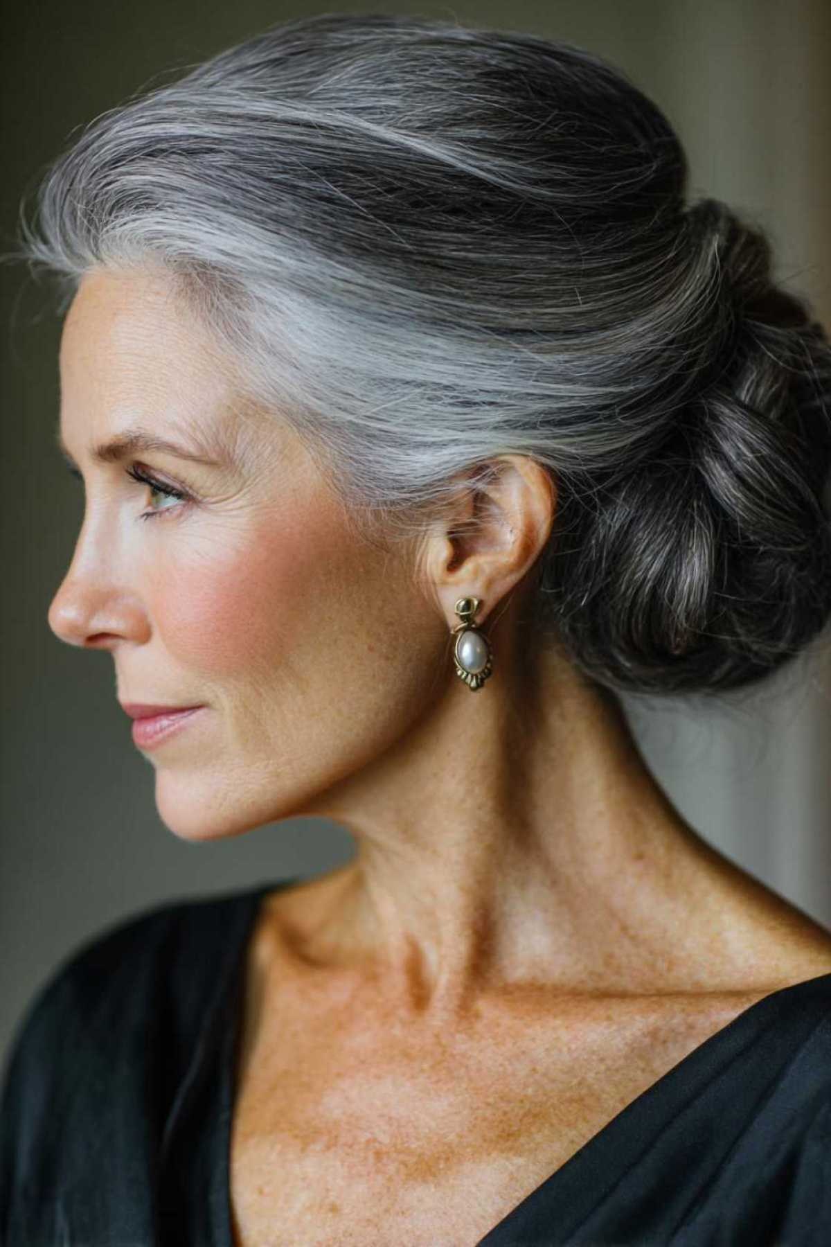 Woman over 70 with soft Low Bun for Dark Gray Hair — easy updo for long hair inspiration for women over 70