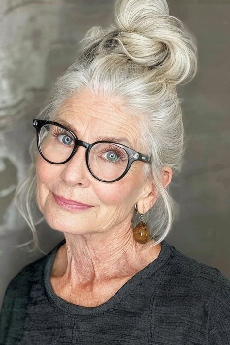 Woman over 70 with messy Top Knot That Takes Two Minutes — easy updo for long hair inspiration for women over 70