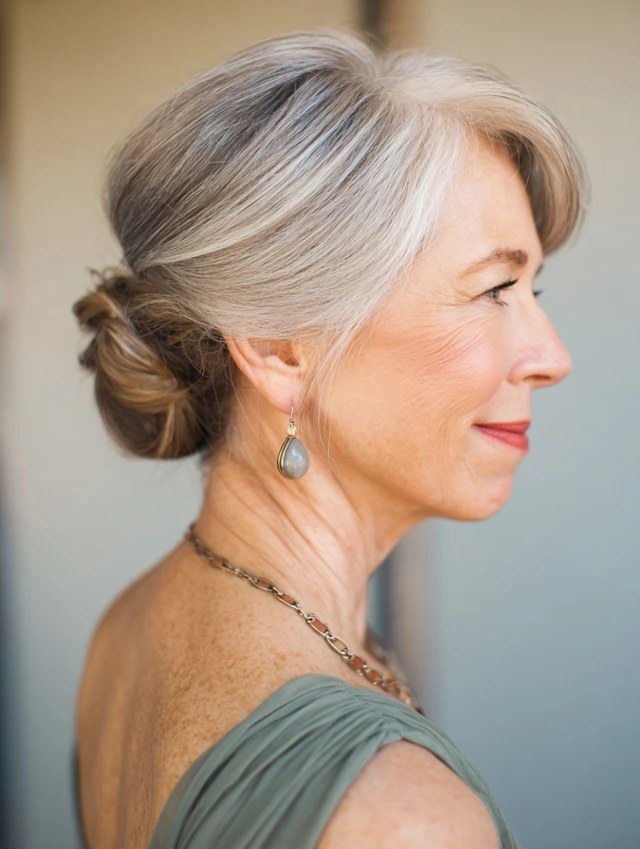 Woman over 70 with side Bun for a Softer Profile — easy updo for long hair inspiration for women over 70