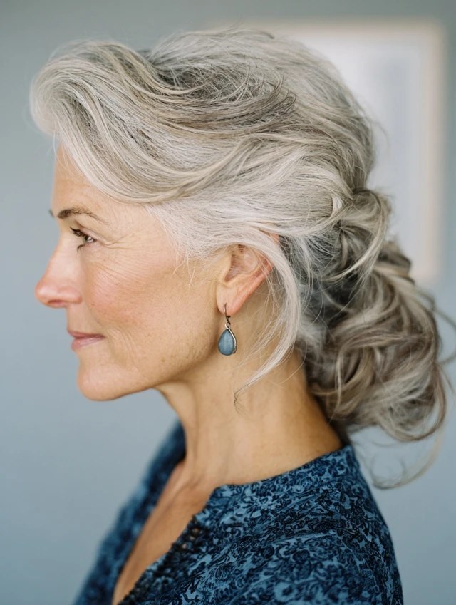 Woman over 70 with low Ponytail Twisted Into a Bun — easy updo for long hair inspiration for women over 70