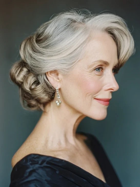 Woman over 70 with rolled Updo That Sits Softly at the Back — easy updo for long hair inspiration for women over 70