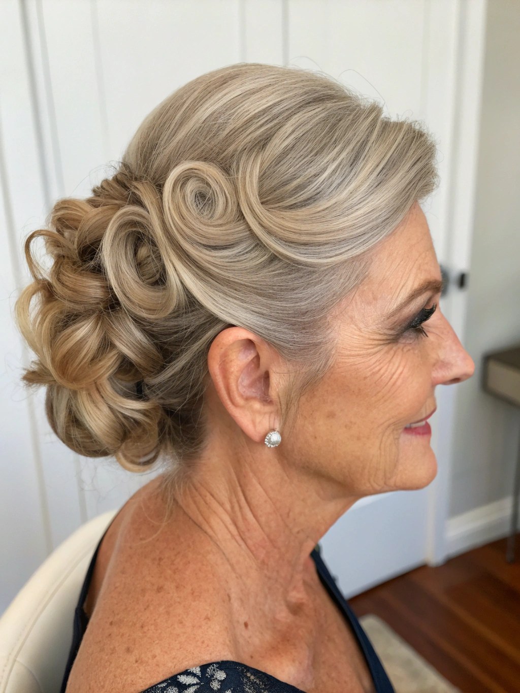 Woman over 70 with sculpted Pin-Curl Swirls — easy short-hair updo inspiration for women over 70