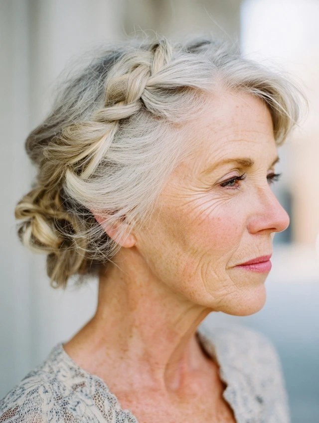 Woman over 70 with braided Hairline Pin-Up — easy short-hair updo inspiration for women over 70