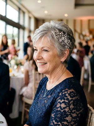 Woman over 70 with sleek Side-Sweep Pin-Up — easy short-hair updo inspiration for women over 70