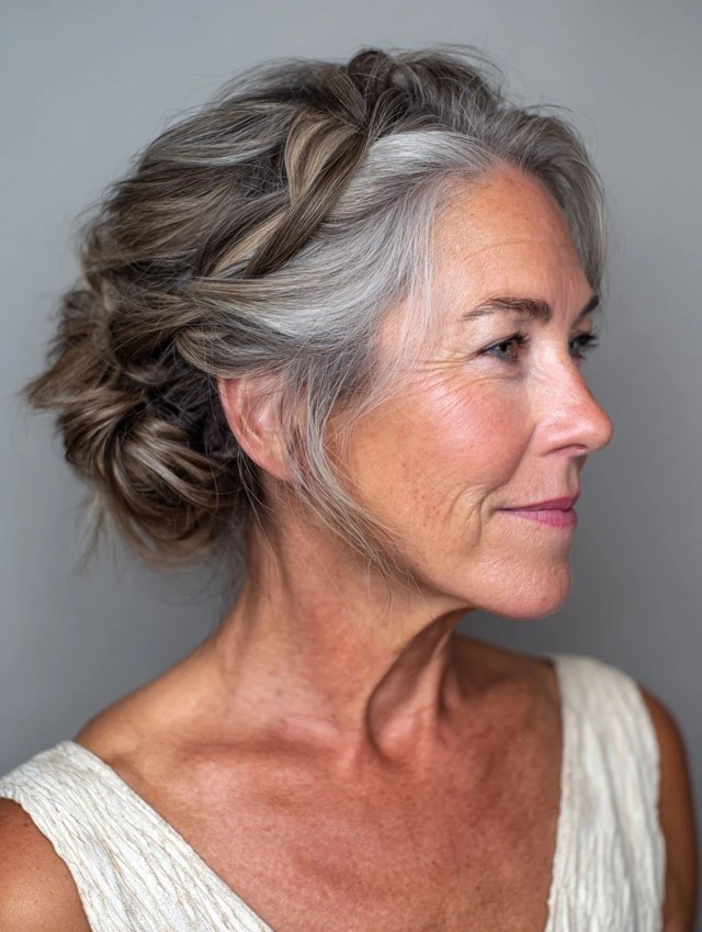 Woman over 70 with twisted Bang Roll — easy short-hair updo inspiration for women over 70